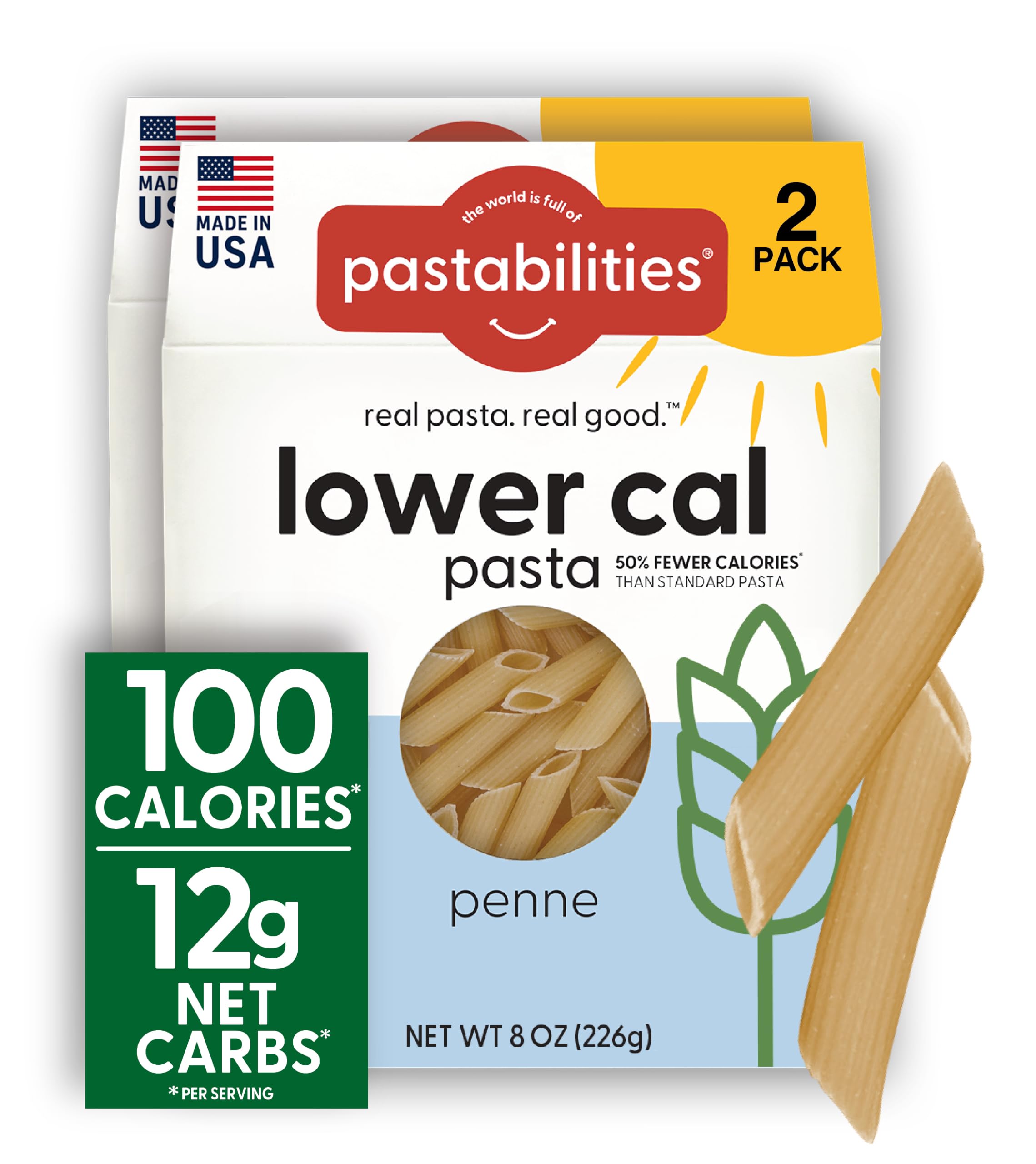 Pastabilities, Lower Calorie Pasta, Penne – 100 Calories per Serving, Low Net Carbs, Low Calorie, Non-GMO, High Fiber, Vegan, Plant-Based, Enhanced Nutrients, Delicious Taste &amp; Texture (8 Ounce, 2 Pack)