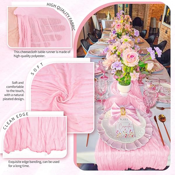 Showgeous 12 Packs Light Pink Gauze Table Runner 10FT Boho Gauze Table Runner Romantic Rustic Table Decorations for Wedding Party Baby Shower Birthday - 3