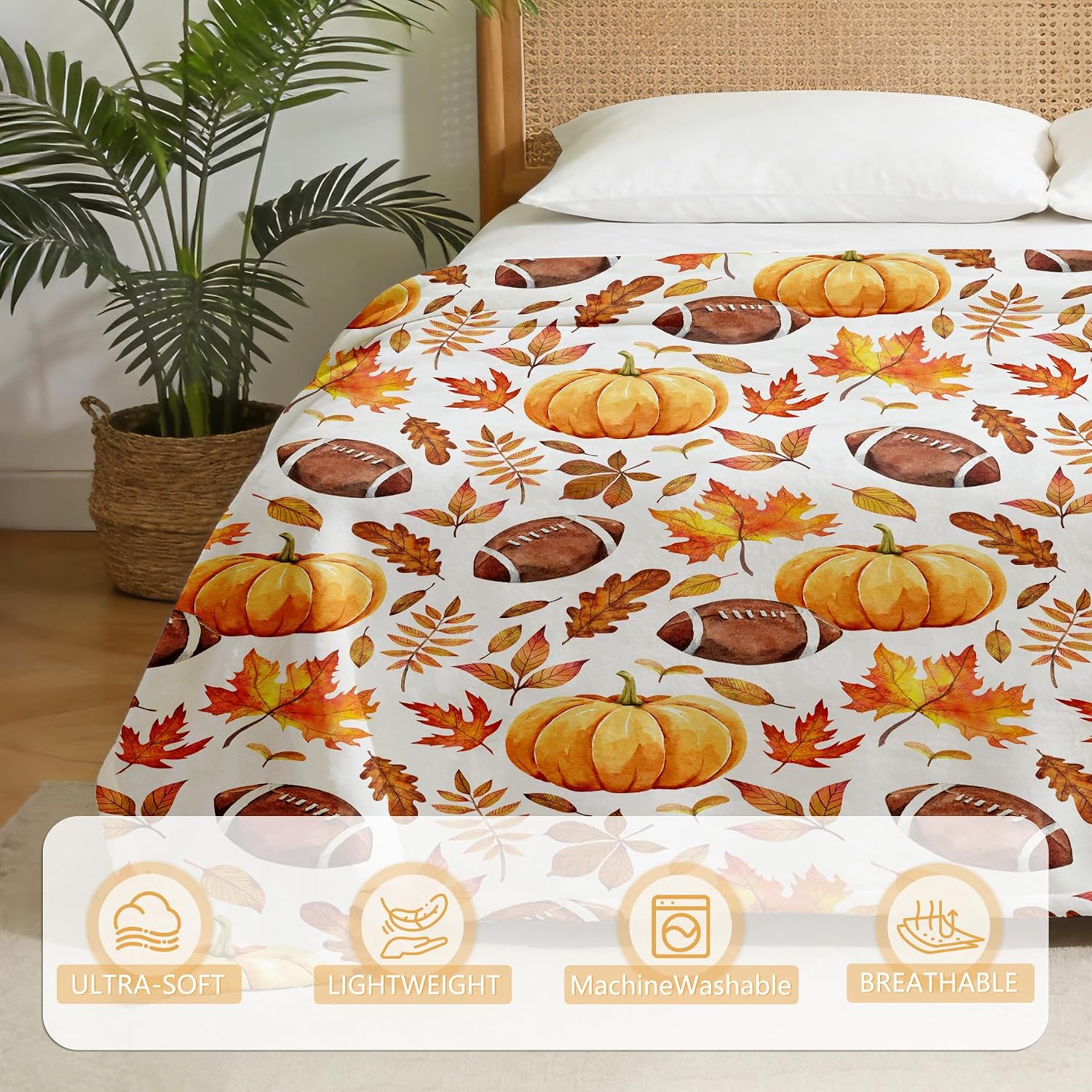 APROPHIC Fall Blanket Soft Cozy Flannel Watercolor 50x60 Inches, Autumn Pumpkins Football Rugby Maple Leaves Pattern Flannel Decorations for Bed Sofa Couch Camping Thanksgiving Gift