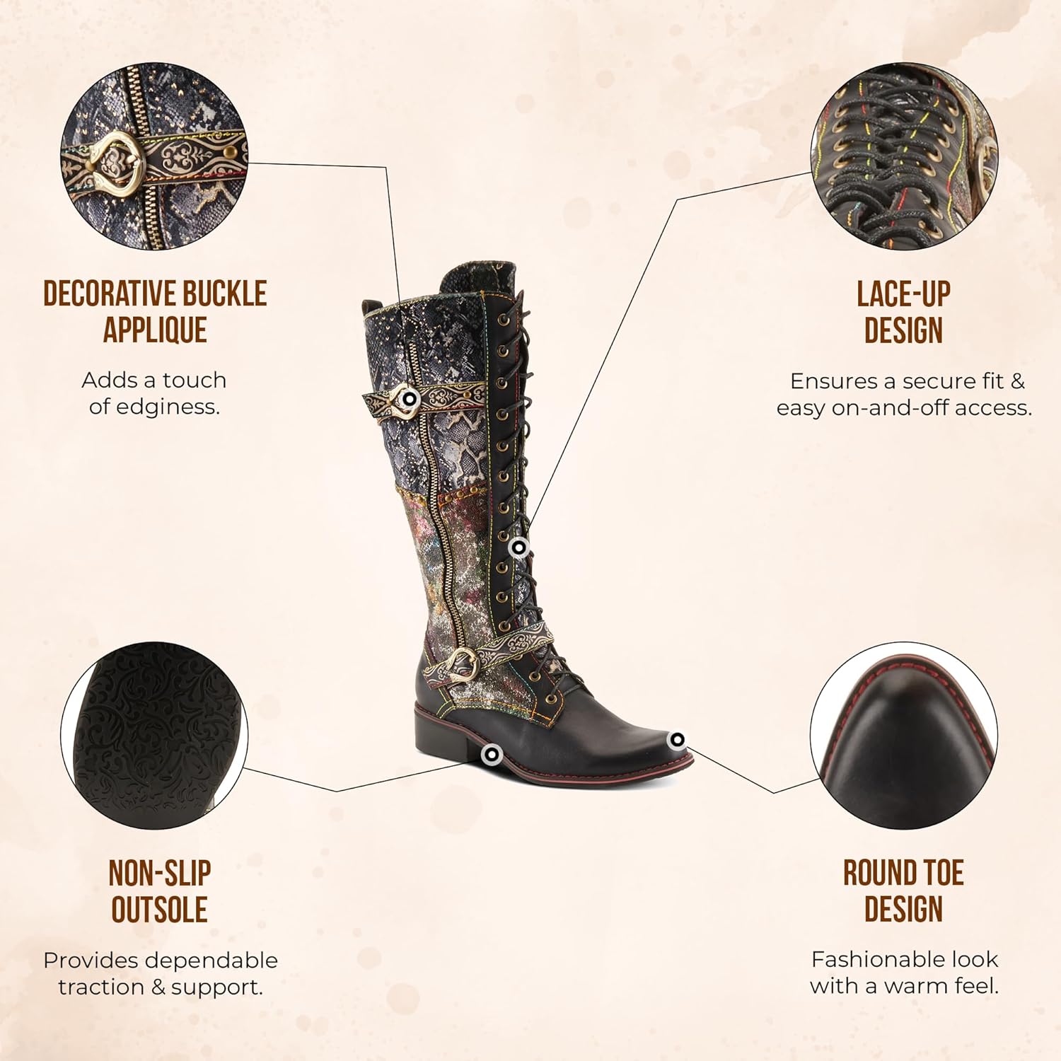 L'Artiste Vaneyck Knee High Boots for Women with Iridescent Metallic Upper | Ladies Tall Boots with Decorative Double Buckles and Lace Up Zipper Closure