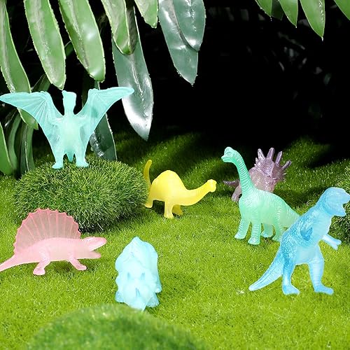Miniatura 7 de Skylety 32 piezas de mini figuras de dinosaurio que brillan en la oscuridad, decoración de cupcakes de dinosaurio, suministros para fiestas de
