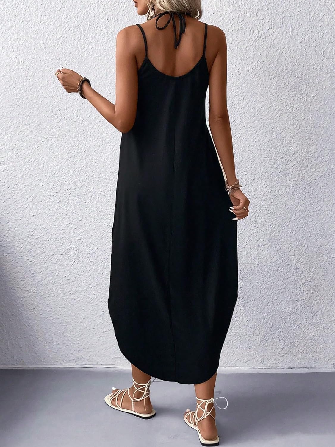 Women's 2024 Summer Cami Slip Midi Long Dress Solid Curved Hem Cami Dress