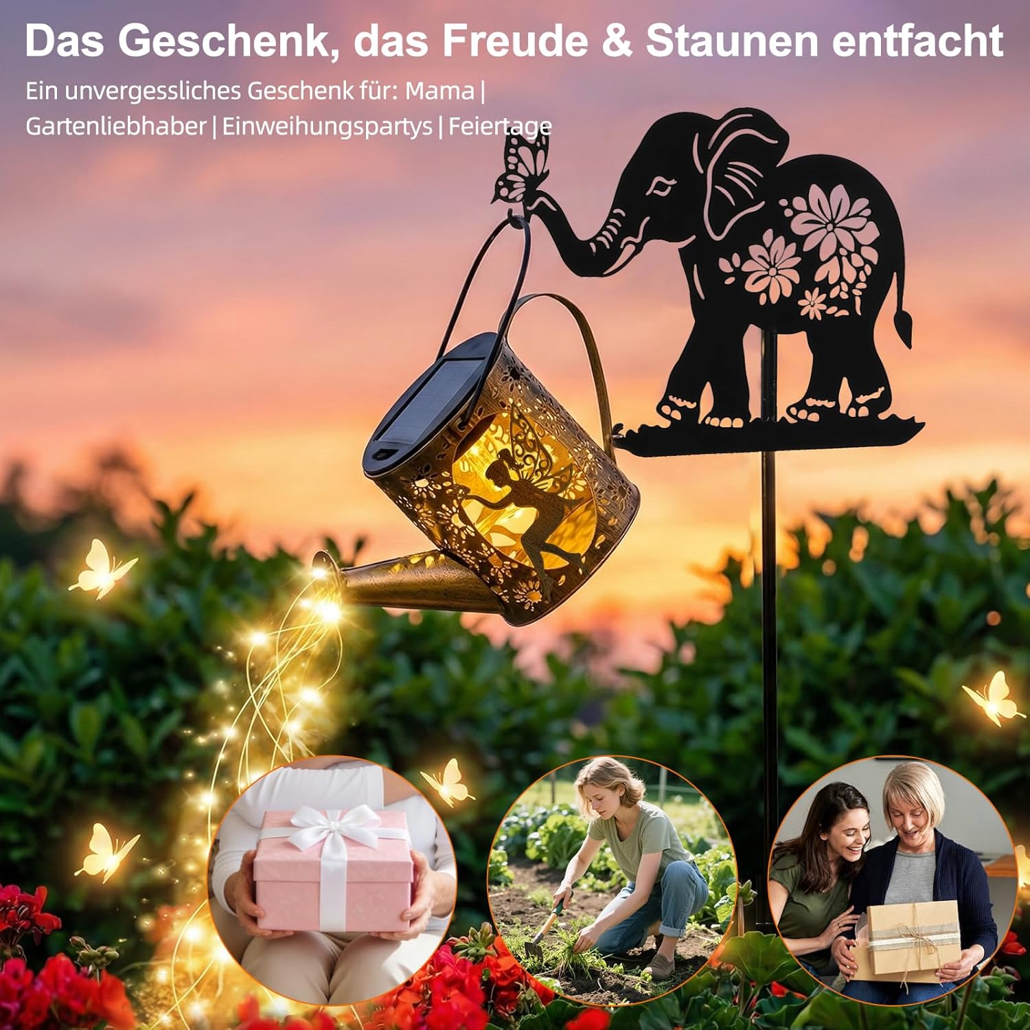 Solar Watering Can Lights Outdoor Decor with Elephant Stake & Fairy Silhouettes, Cascading String Lights for Garden, Patio, Yard - Waterproof Solar Powered Gift for Mom, Housewarming, Birthday