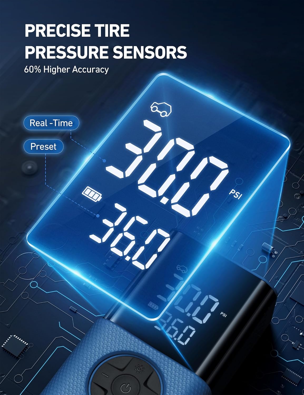 AstroAI Tire Inflator L7S Portable Air Compressor Cordless Bike Pump with Digital Dual Values Display, 150 PSI Car Tires Pump with LED Lights Air Pump for Cars, Motorcycles, Bikes, Balls Blue