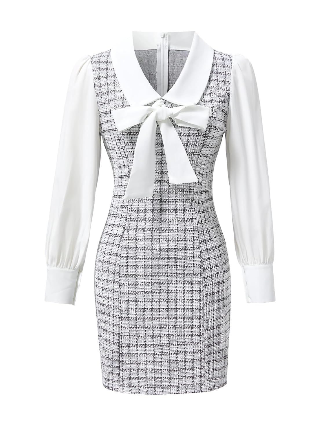 Womens Plaid Bow Tie Dress Collared Lantern Long Sleeve Pencil Mini Dress Business Casual Dresses