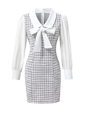 Womens Plaid Bow Tie Dress Collared Lantern Long Sleeve Pencil Mini Dress Business Casual Dresses