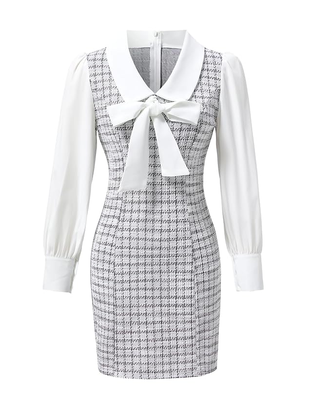 Womens Plaid Bow Tie Dress Collared Lantern Long Sleeve Pencil Mini Dress Business Casual Dresses