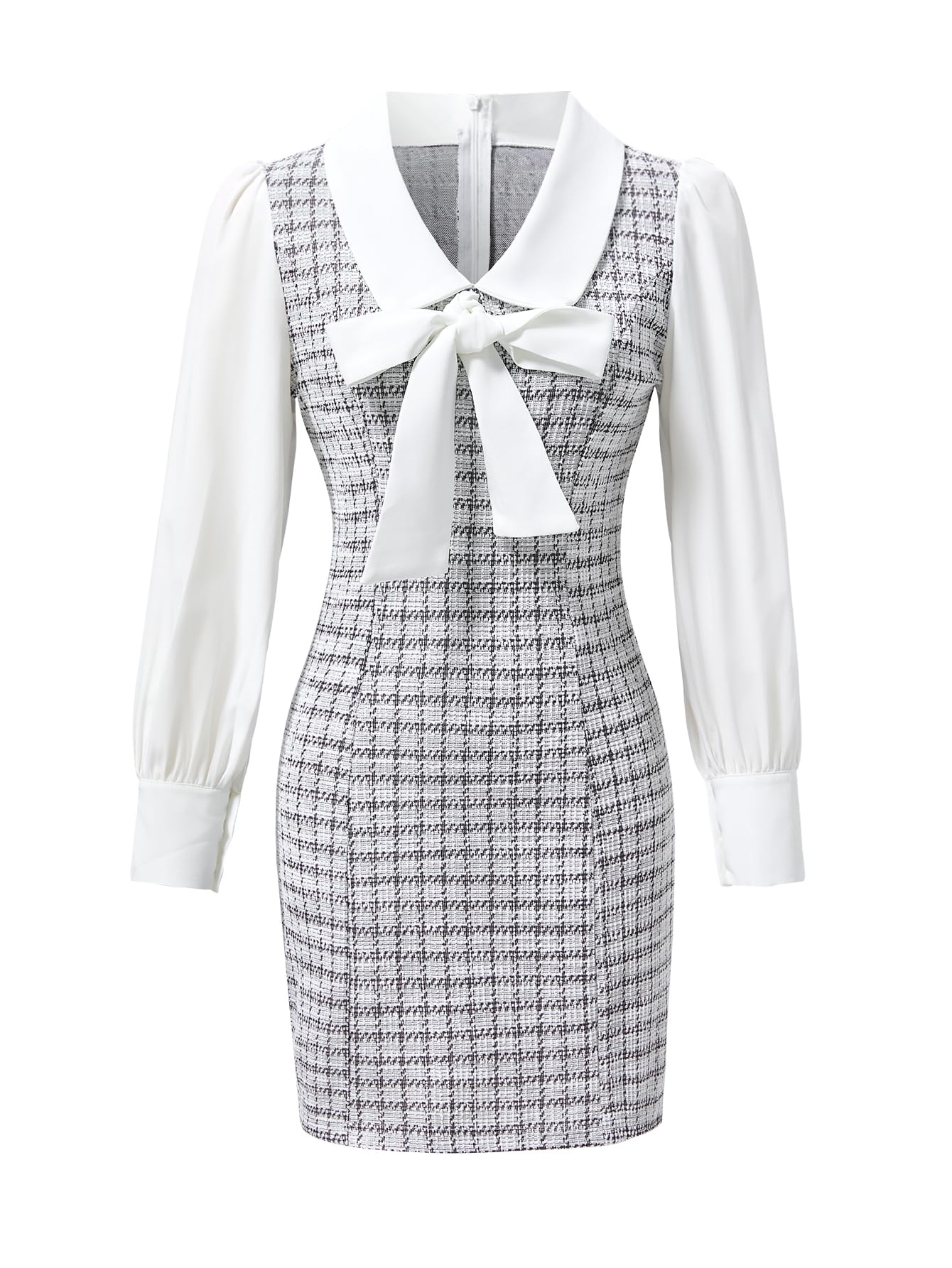 Womens Plaid Bow Tie Dress Collared Lantern Long Sleeve Pencil Mini Dress Business Casual Dresses