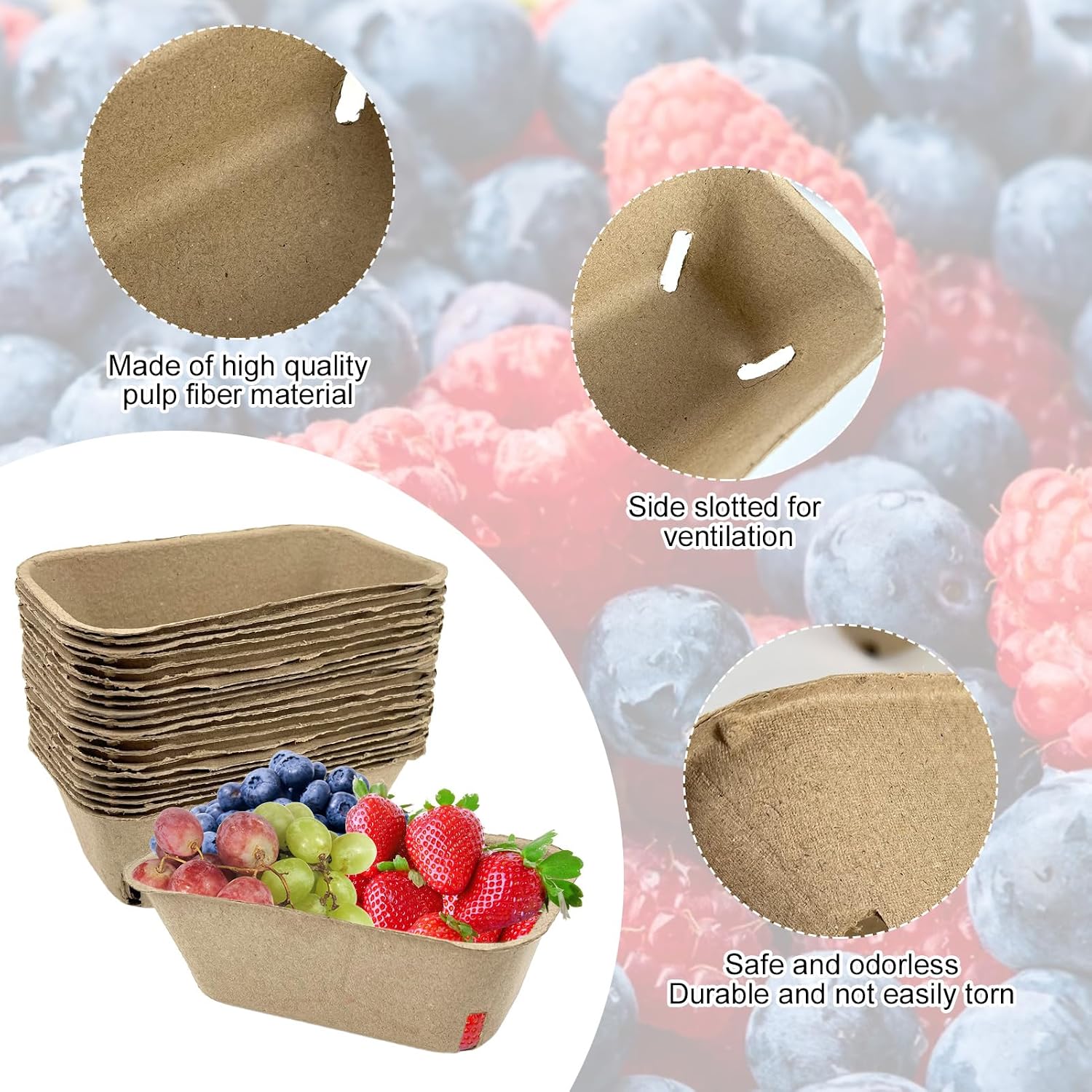 Rainmae 50 Pack Natural Pulp Fiber Large Berry Basket for Picking Fruit, Molded Berry Basket for Blueberry Raspberry Cherry Strawberry and Vegetable, Farmer Market, Grocery Stores, Backyard Party