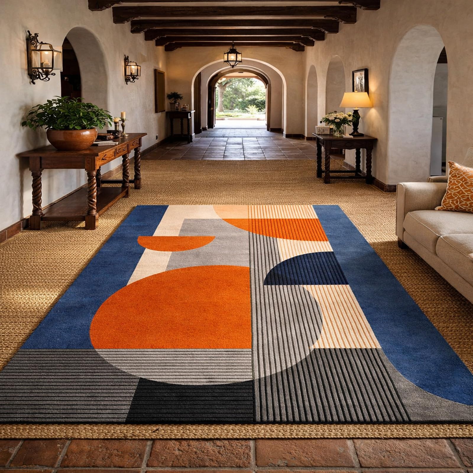Tapis salon géométrique moderne bleu orange 160x230 cm