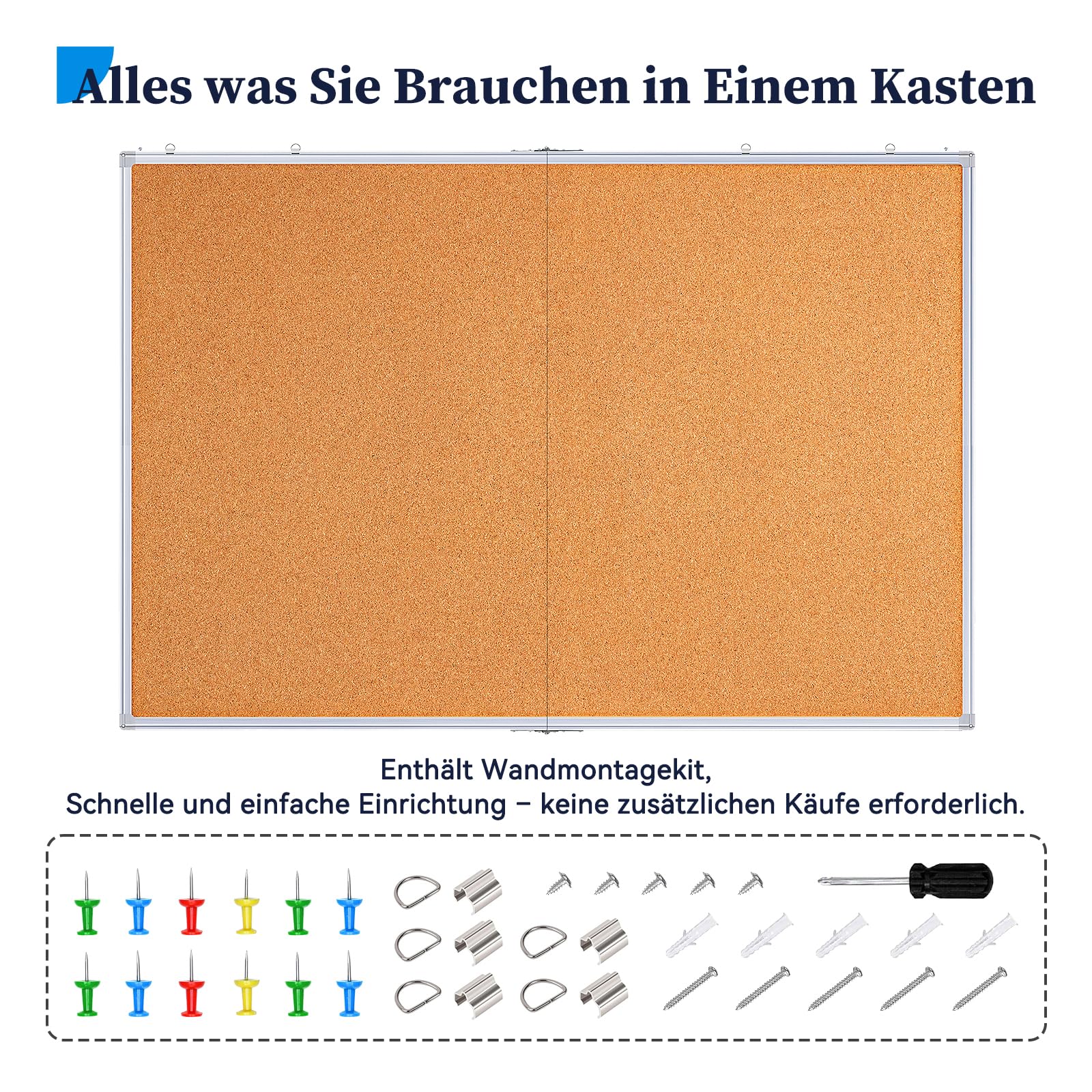 Maxtek Pinnwand Kork Groß 90 x 120 cm, Pinwand Korktafel mit Aluminiumrahmen, Cork Board inklusive 12 Reißzwecken, aus Selbstheilendem Natürlichen Kork und Einfach zu Montieren