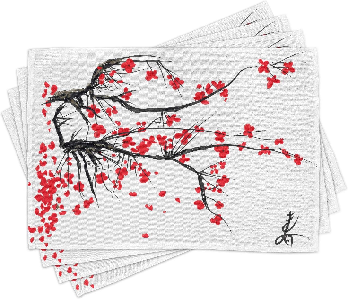 Ambesonne Nature Place Mats Set of 4, Sakura Blossom Japanese Cherry Tree Garden Summertime Vintage Cultural, Washable Fabric Placemats for Dining Table, Standard Size, Grey Vermilion