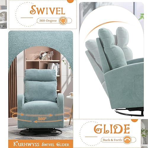 Miniatura 3 de Kurhwyss Silla giratoria para guardería, moderna silla mecedora con respaldo alto y bolsillo de almacenamiento, mecedora tapizada con base de metal