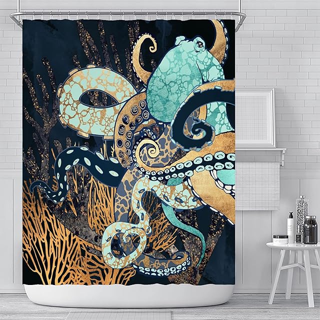YULUOSHA Funny Sea Animal Shower Curtain Gold Blue Octopus Bathroom Curtain Ocean Life Shower Curtain Bathroom Decor with Hooks Waterproof Washable 72 x 72 inches- Gold black blue