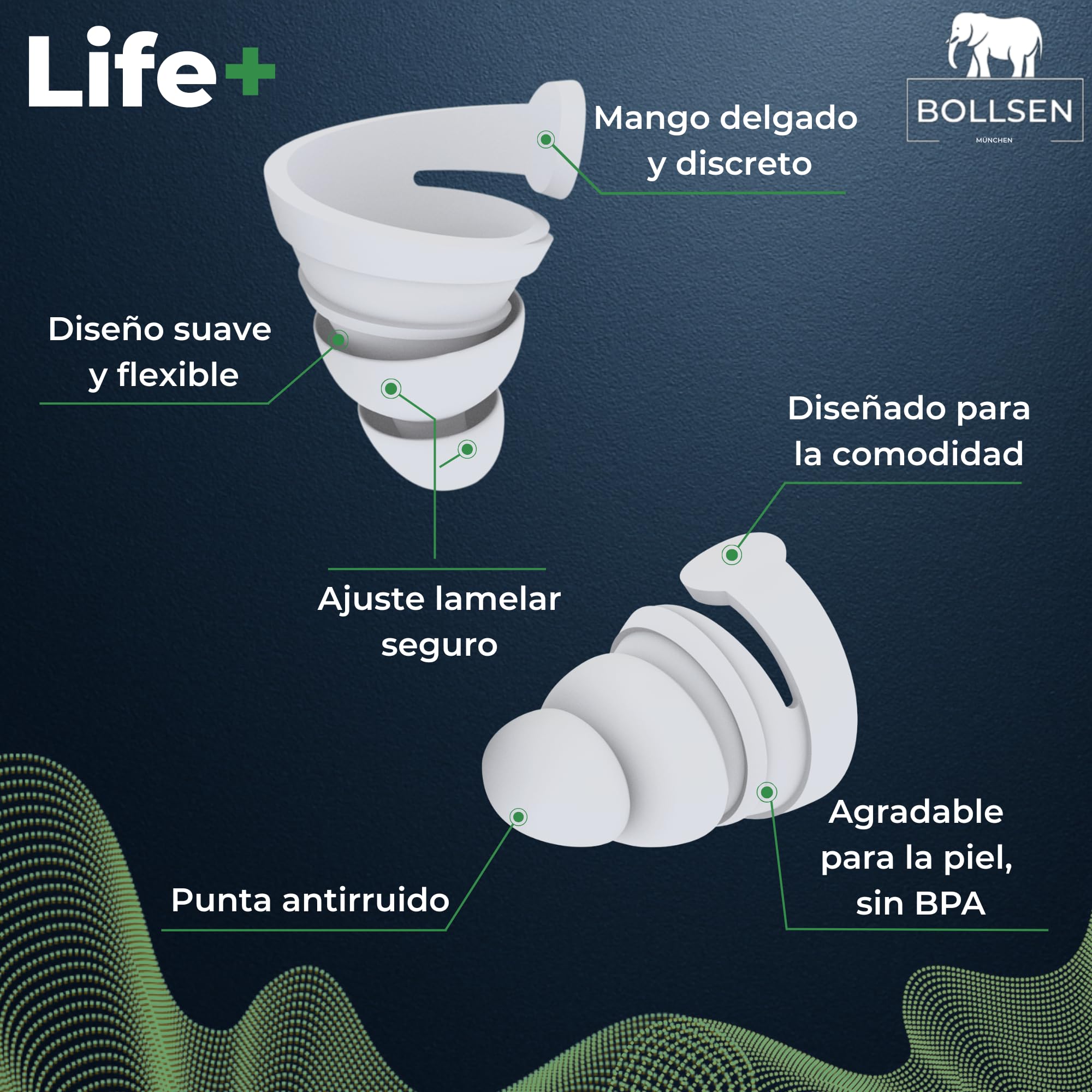 BOLLSEN Life+ Tapones para Dormir – Tapones de Silicona con Reducción de Ruido – Protección Auditiva SNR 24 dB – Cómodos para Usar Día y Noche – Duraderos y Reutilizables hasta 100 Veces (3)