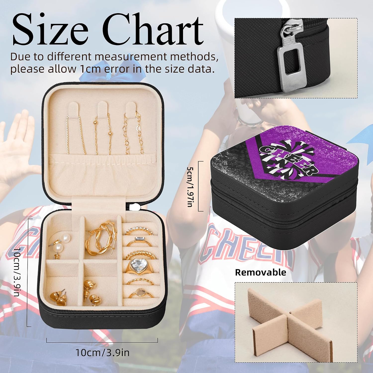 Cheerleader Gifts for Girls, Cheerleader Travel Jewelry Case, Cheer Travel Jewelry Box for Women, Mini Jewelry Travel Case for Cheer Team (Purple&Black) image 2