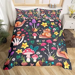 Castle Fairy Cute Snail Duvet Cover for Boys,Girls Butterflies and Mushrooms Comforter Cover Full Size,Flowers Bedding Set Kids Teen Room Decor Bed Cover,Plants Leaf Bedclothes with Zipper