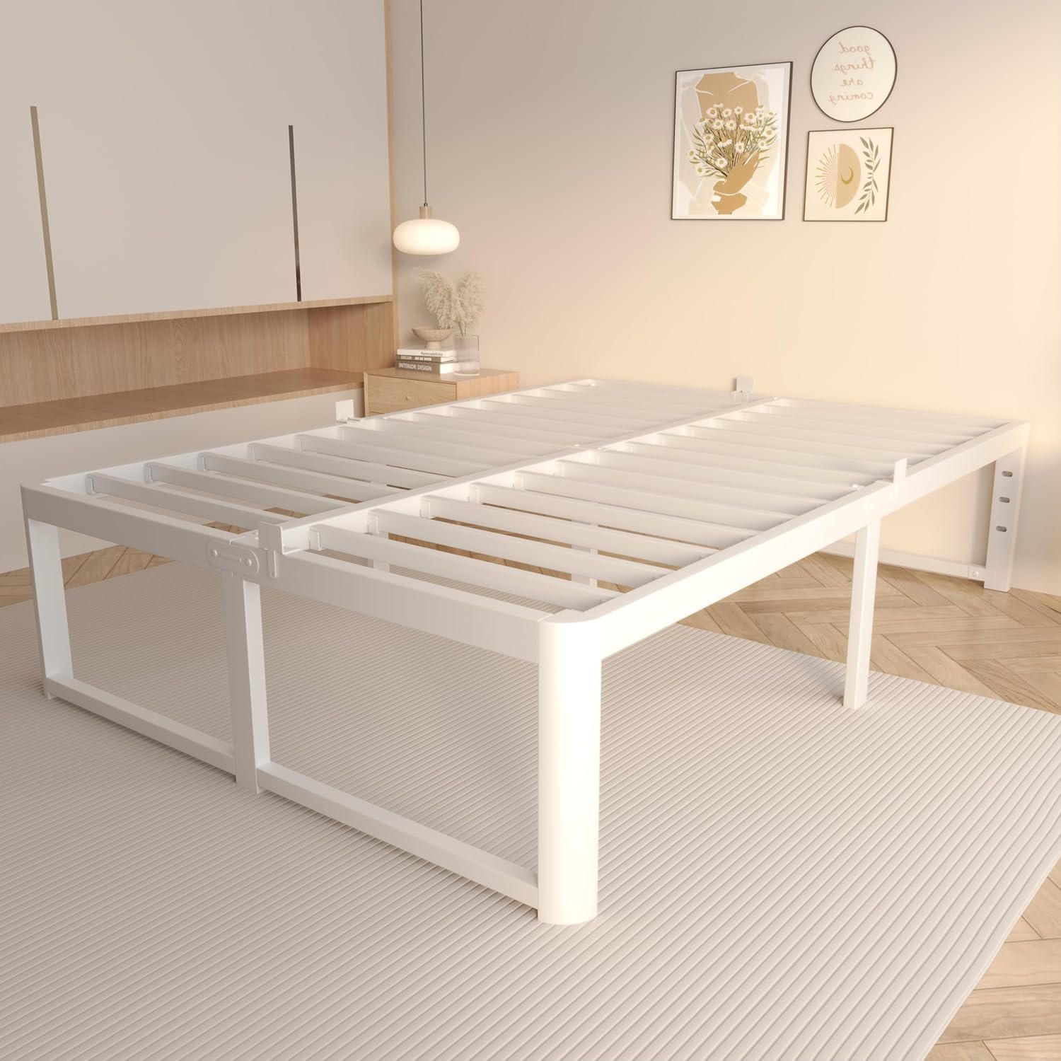 VYM 16 Inch Twin Size Bed Frames, Platform Bed with Metal Gaskets, Metal Bedframe No Box Spring Needed, DIY Headboard, Anti-Slip Mattress Stopper, Round Corner Leg, Easy Assembly, White