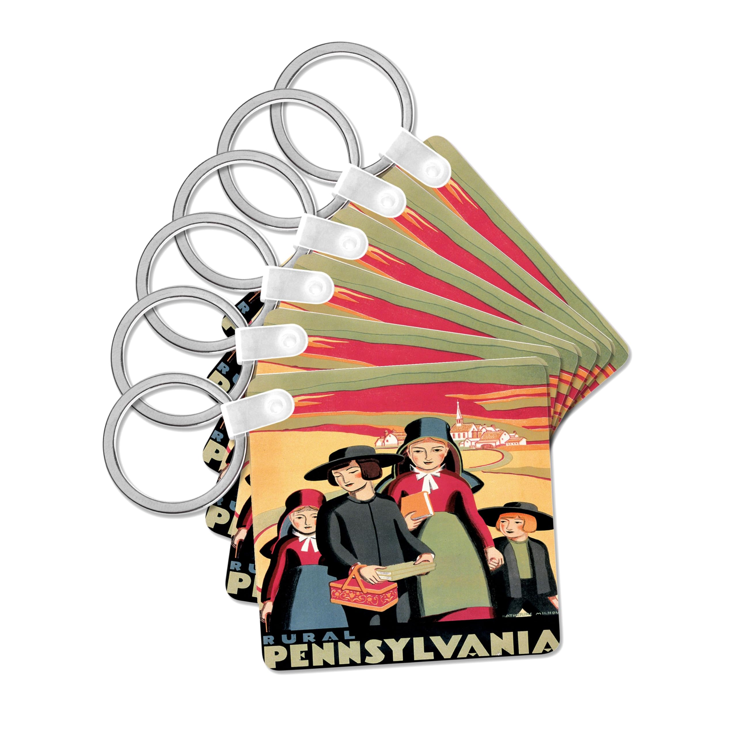 3dRose, Rural Pennsylvania Landscape with Amish Children with Baskets and Book, set of 6 Key Chains