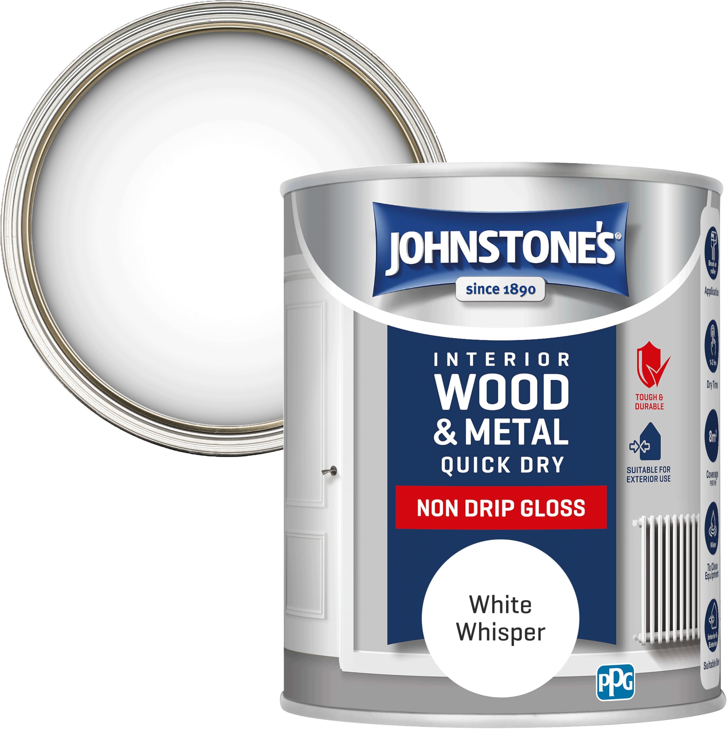 Johnstone's - Wood & Metal Paint - Gloss Finish - White Whisper - 750ml - Water Based - Non Drip & Quick Drying - Radiator Paint - Low Odour - Dry in 1-2 Hours - 8m2 Coverage per Litre