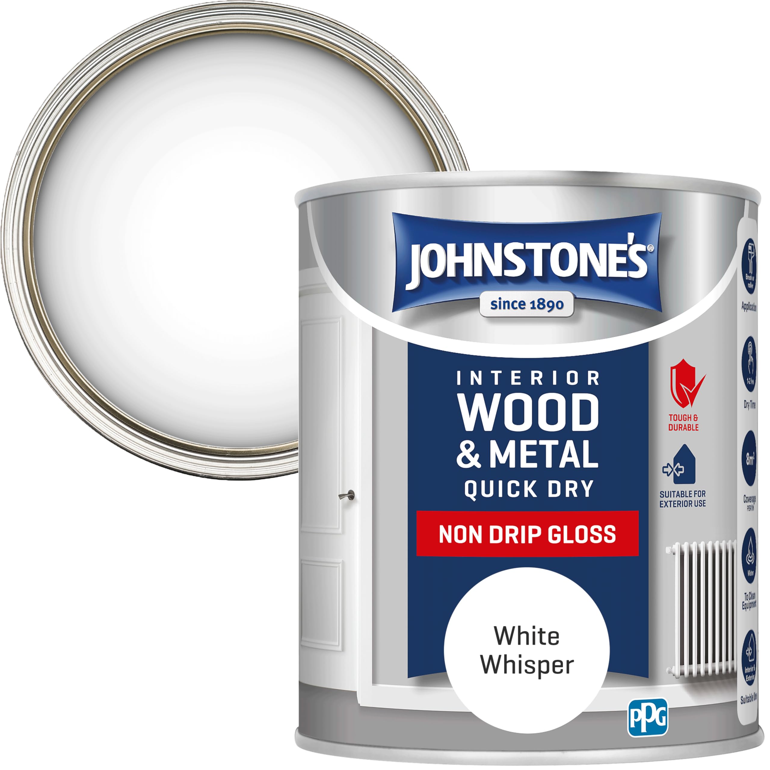 Johnstone’s - Quick Dry & Non Drip Gloss Paint for Wood & Metal - White Whisper | Interior & Exterior | Low Odour, Water-Based Formula, Dry in 1-2 Hours | 10m2 Coverage per Litre | 750ml