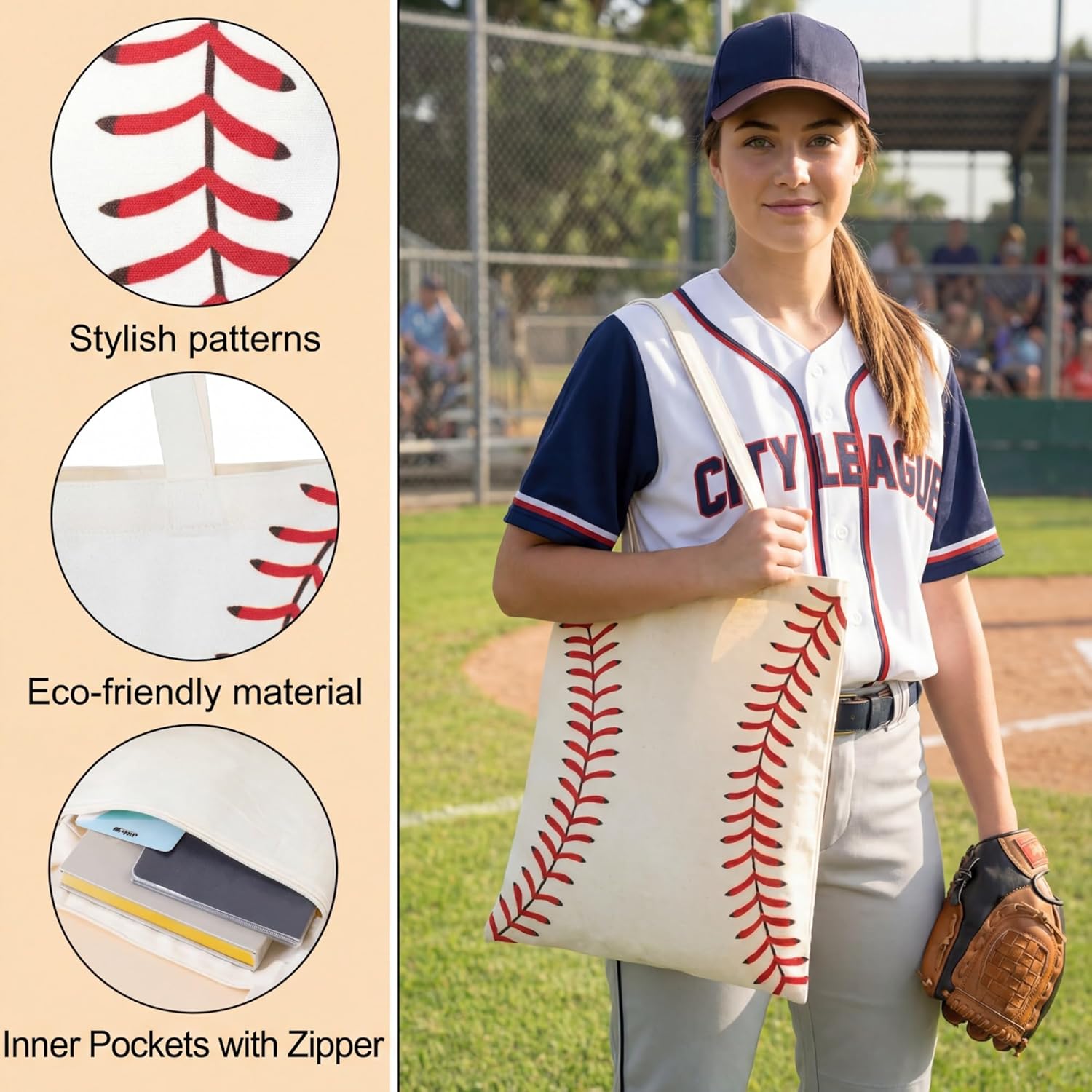 12 Pcs Baseball Canvas Tote Bags Bulk for Women Baseball Mom Shoulder Bags with Inner Pocket Team Gifts for Players Coach Sport Moms