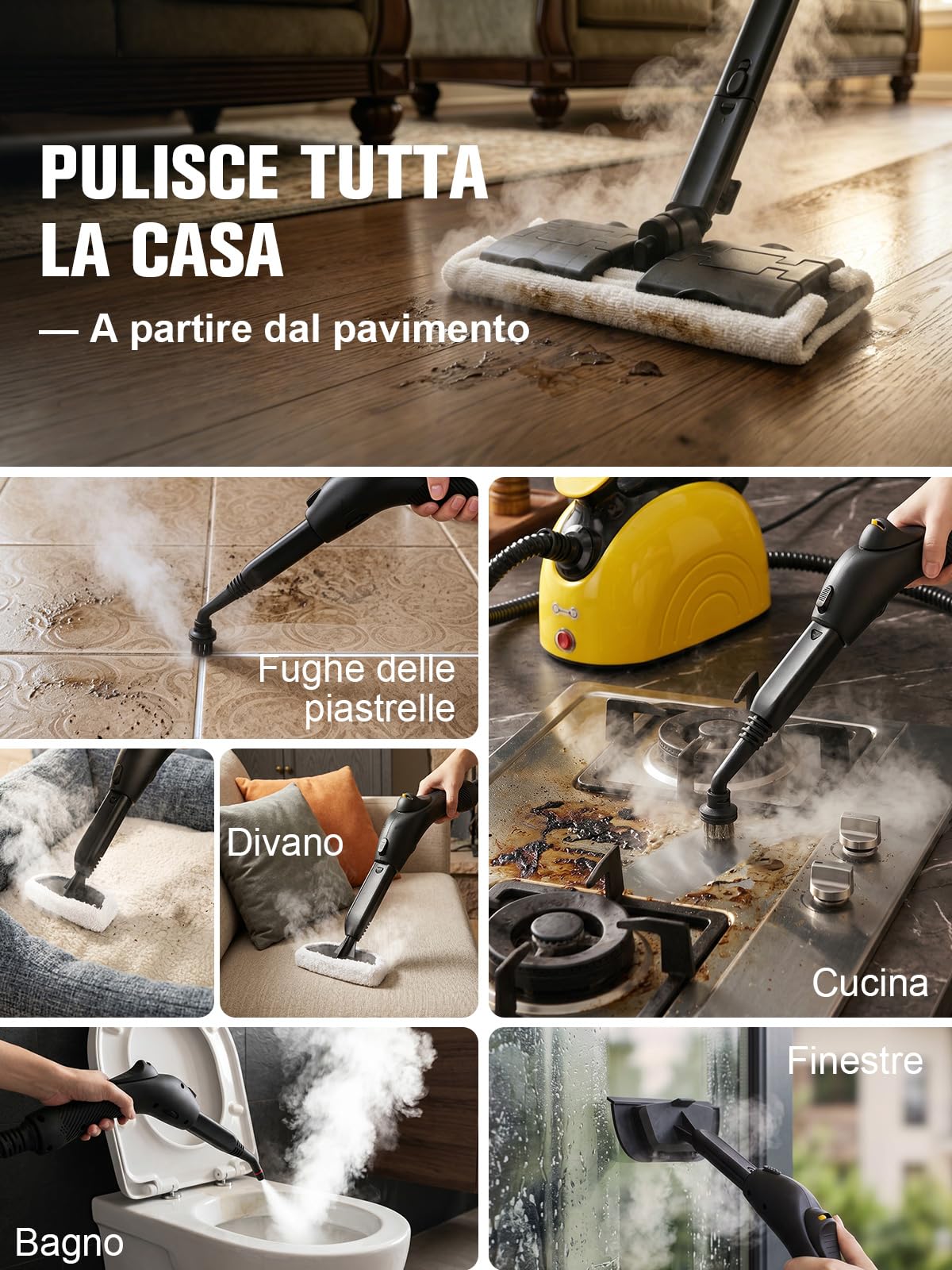 Waitbird Pulitore A Vapore Portatile, 4,5 Bar, Vapore Caldo 120 °C, 1500W | 21 Accessori | Senza Prodotti Chimici Per Pavimenti, Auto, Pareti, Fughe, Cucina E Bagno | Doppia Serratura Di Sicurezza