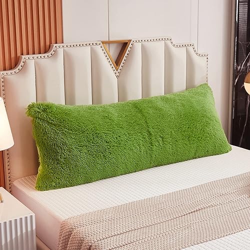WERDIM Shaggy Fluffy Faux Fur Body Pillow Cover 21"x54" Button Closure Velvet Pillow Shams Throw Body Pillowcase Long Decorative Bed Pillow Case(Apple Green, 21 X 54 Inches)