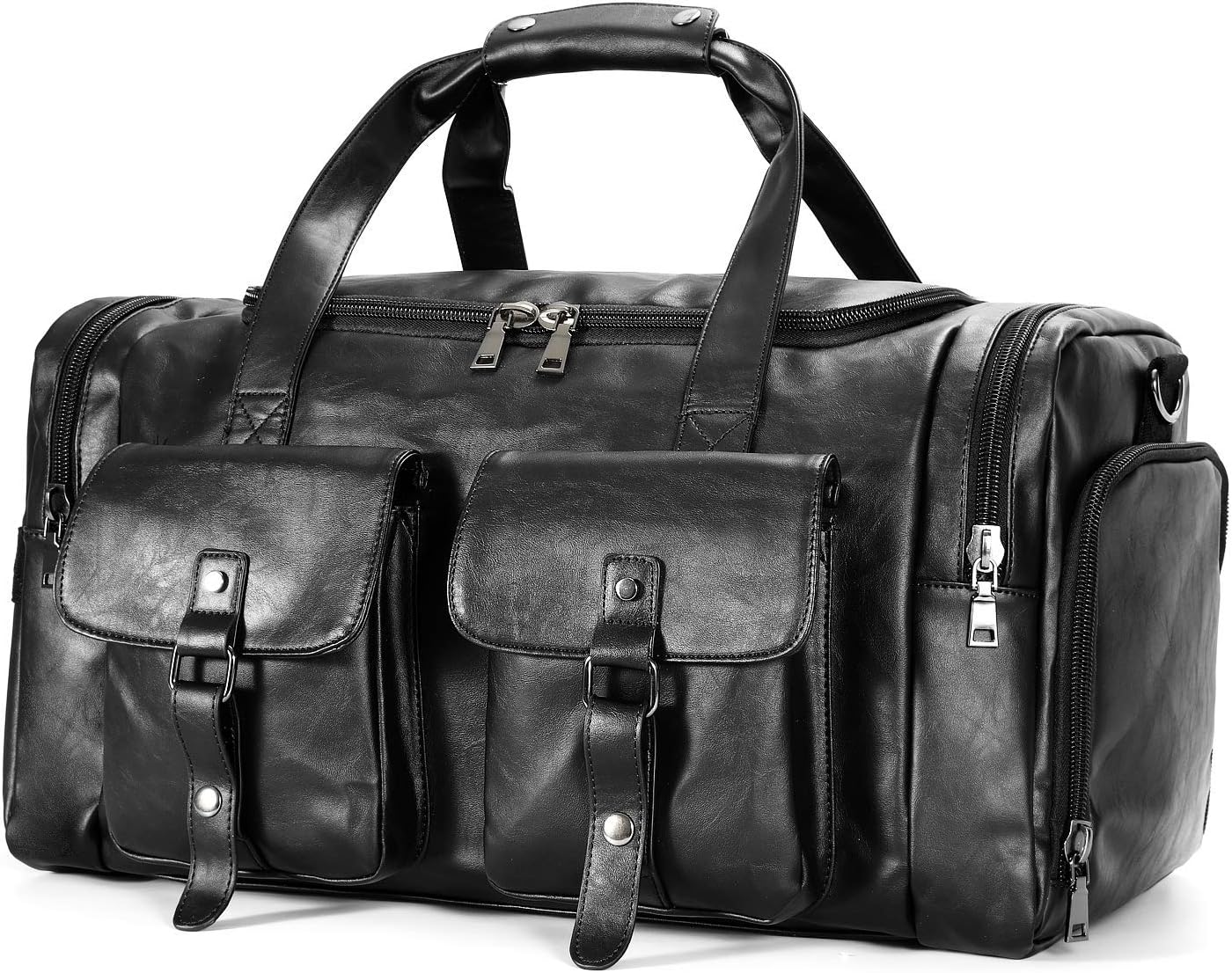 Travel Duffel Bag with Shoe Pouch, PU leather Carry on Bag Weekender Overnight Bag for Men Women Black