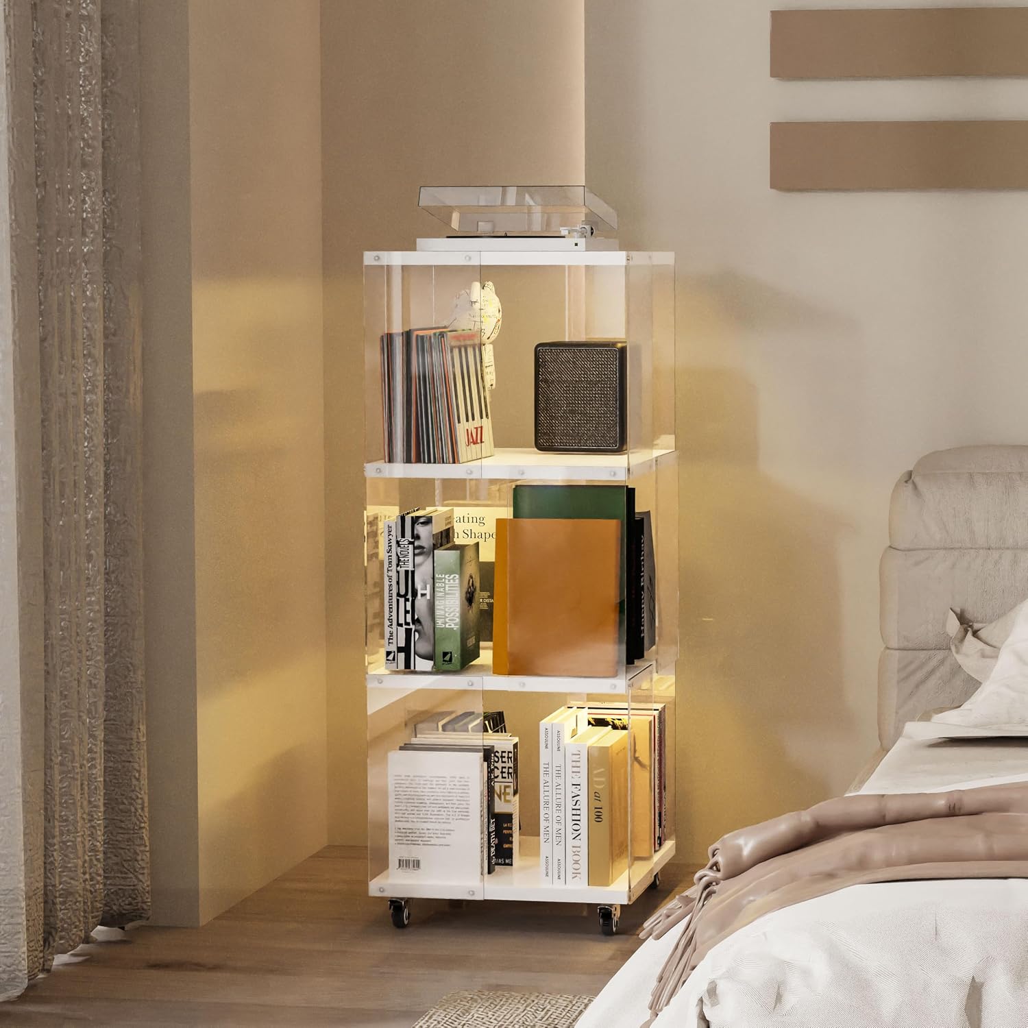 3 Tier Rotating Bookshelf with LED Lights Clear Acrylic Revolving Corner Bookcase on Wheels 360° Spinning Bookshelf Tower for Small Space, Playroom, Study Room, Living Room or Bedroom(White)