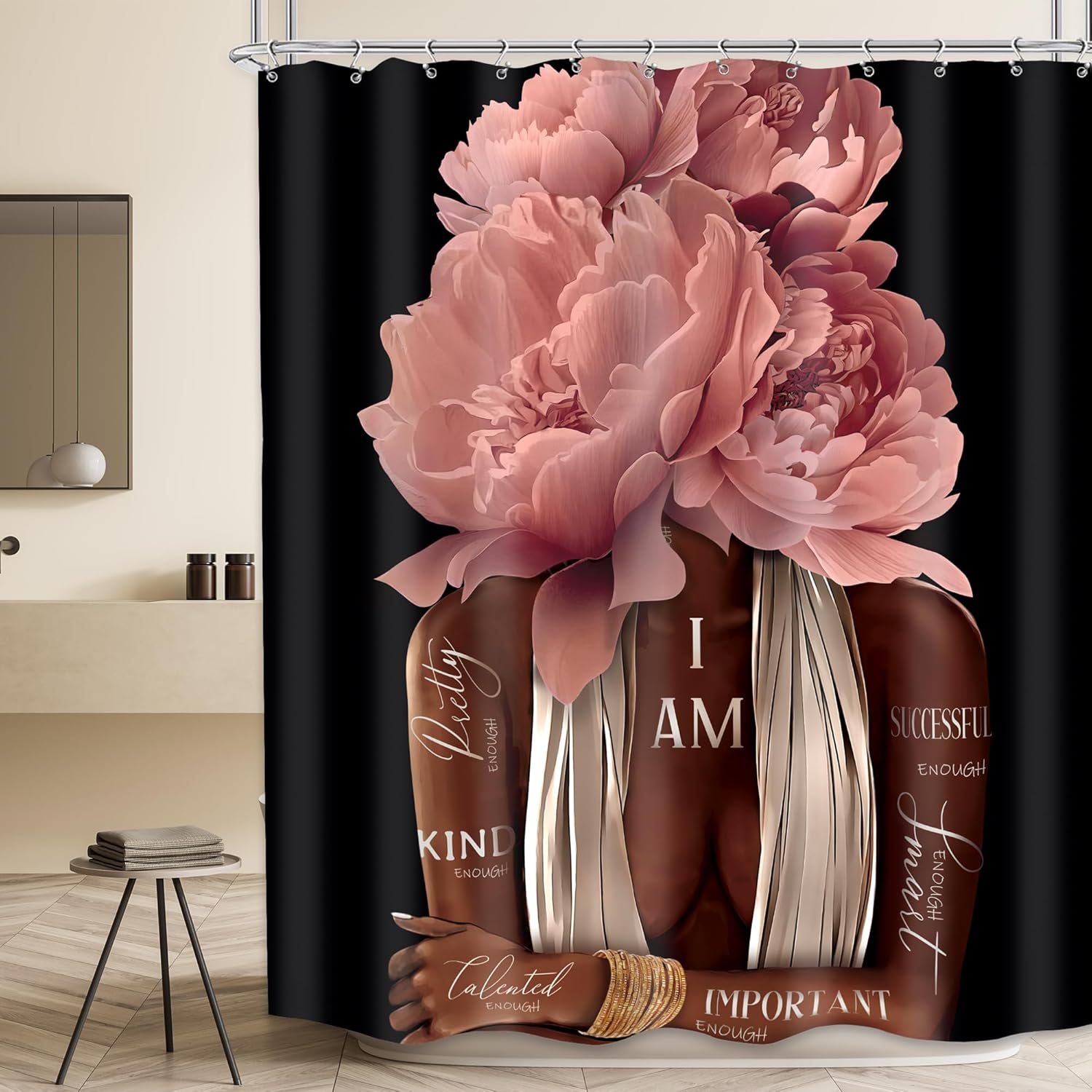 MESHELLY Black Girl Shower Curtain 72Wx84H Extra Long Pink Floral African American Curtain for Bathroom Bathtub Motivational Quotes Bath Curtain Cloth Fabric Bathroom Accessories Decor with 12 Hooks
