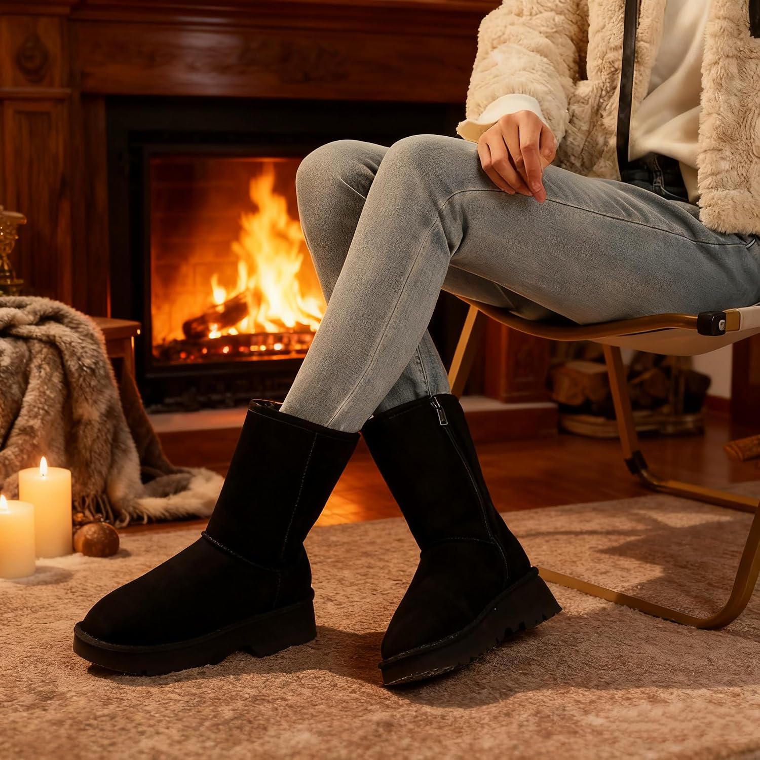 Genuine Suede Women's Snow Boots for Women Mid Calf Boot with Side Zipper Comfortable Warm Winter Boot Anti-Slip Outsole Outdoor Black Size 6.5