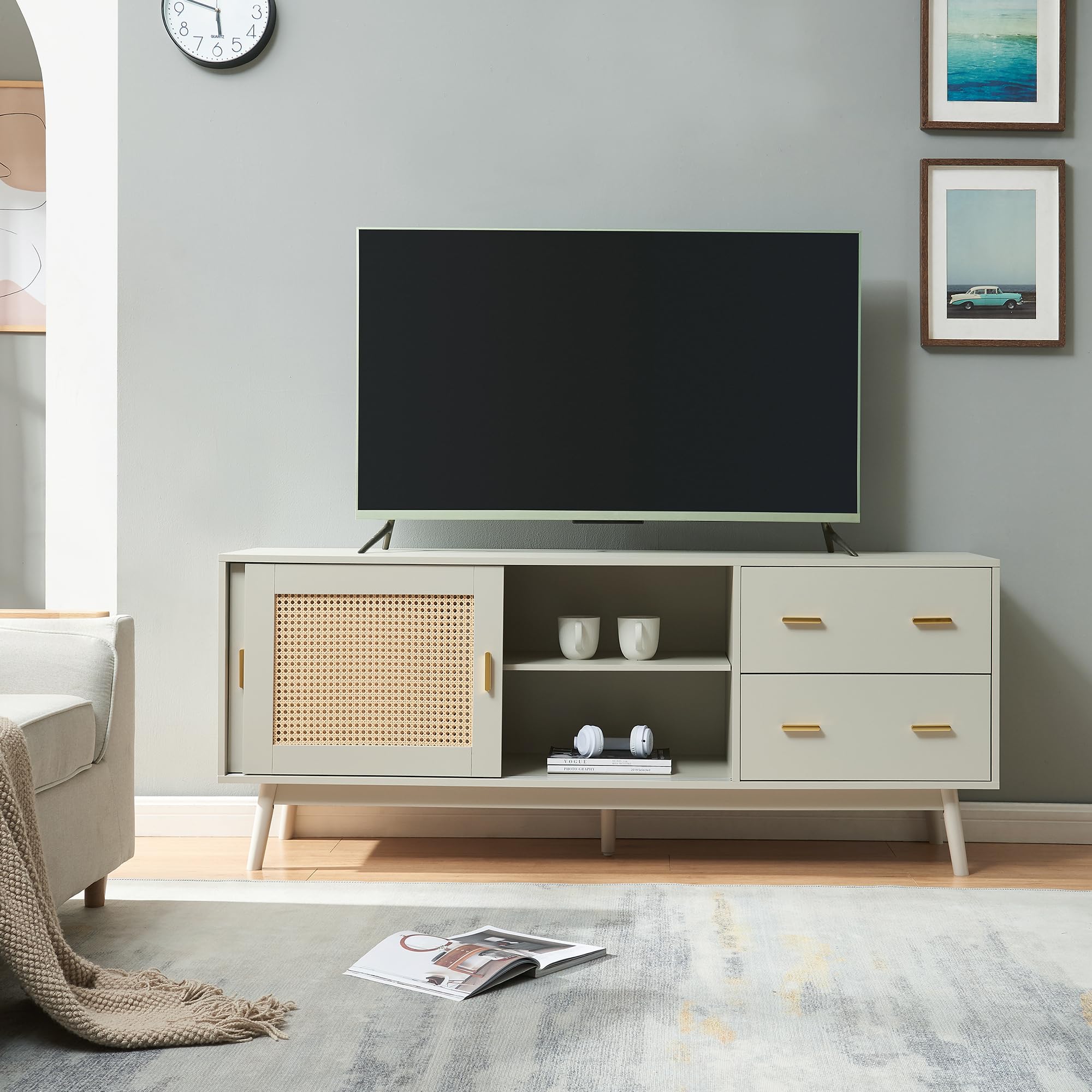 [en.casa] Szafka pod telewizor Susa z 2 drzwiami przesuwnymi, front z polirattanu, szafka pod telewizor z 2 szufladami, 160 x 40 x 65 cm, kredens, komoda pod telewizor, beżowa