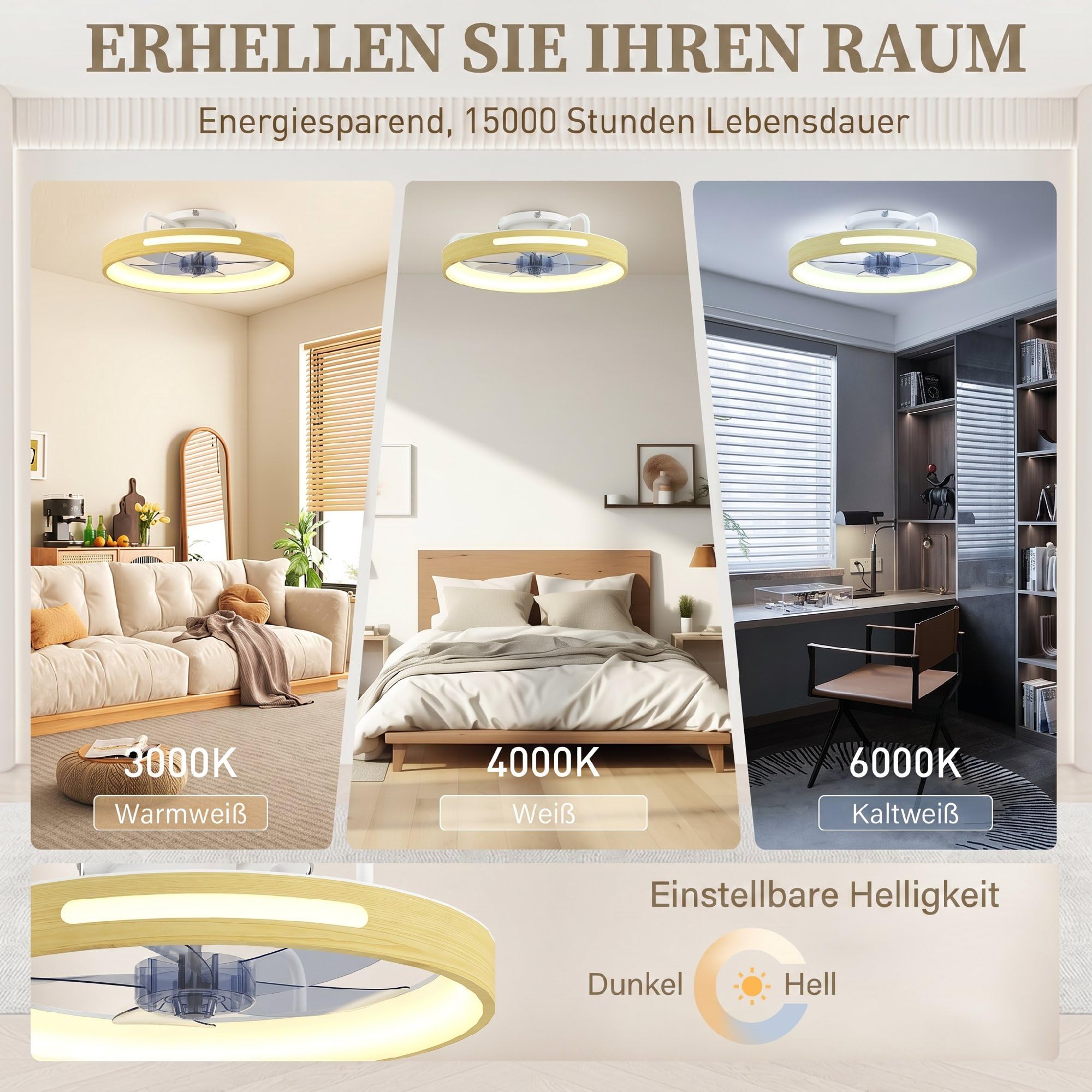 HOMCOM Deckenleuchte mit Ventilator, Ø49 cm Leise LED Deckenventilator mit Beleuchtung, Fernbedienung, 6 Geschwindigkeiten, 3 Farbtemperaturen, umkehrbarem DC-Motor, Timer für Wohnzimmer, Schlafzimmer
