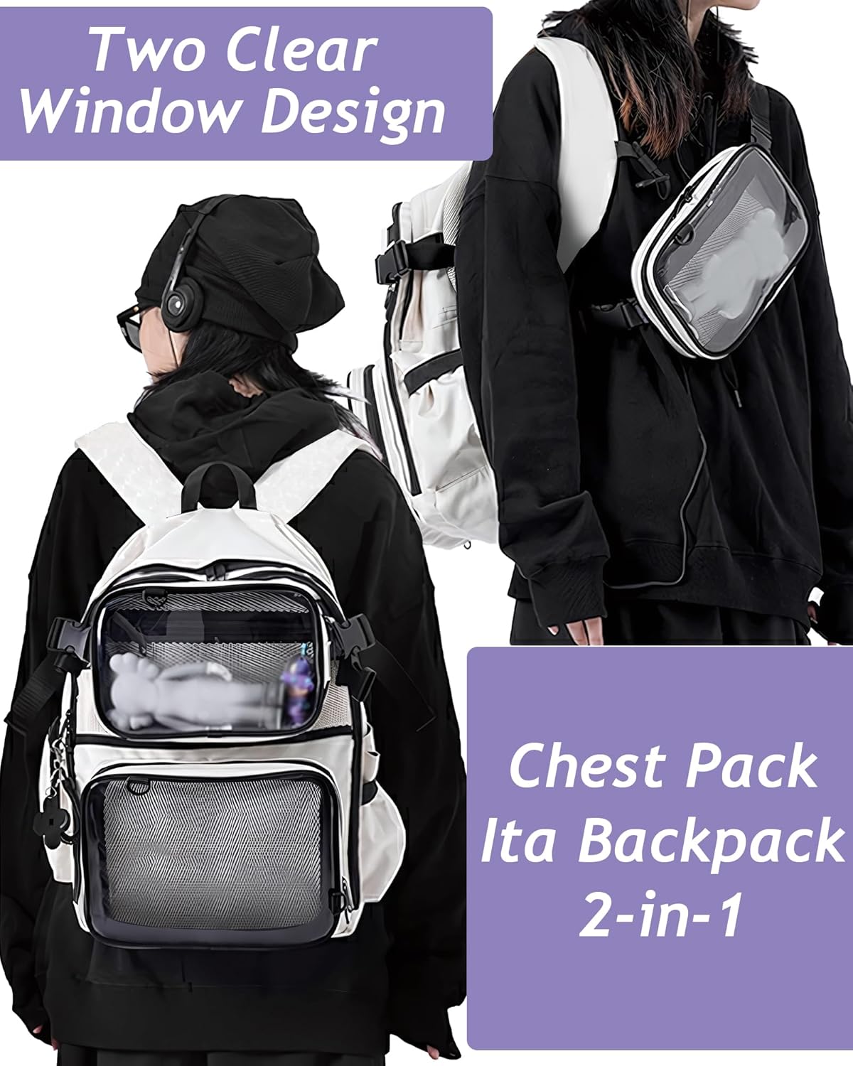 Ita Bag Backpack Double Window Pins Bag with insert, Backpack for Cosplay and Concert(Pins NOT Included) (White)