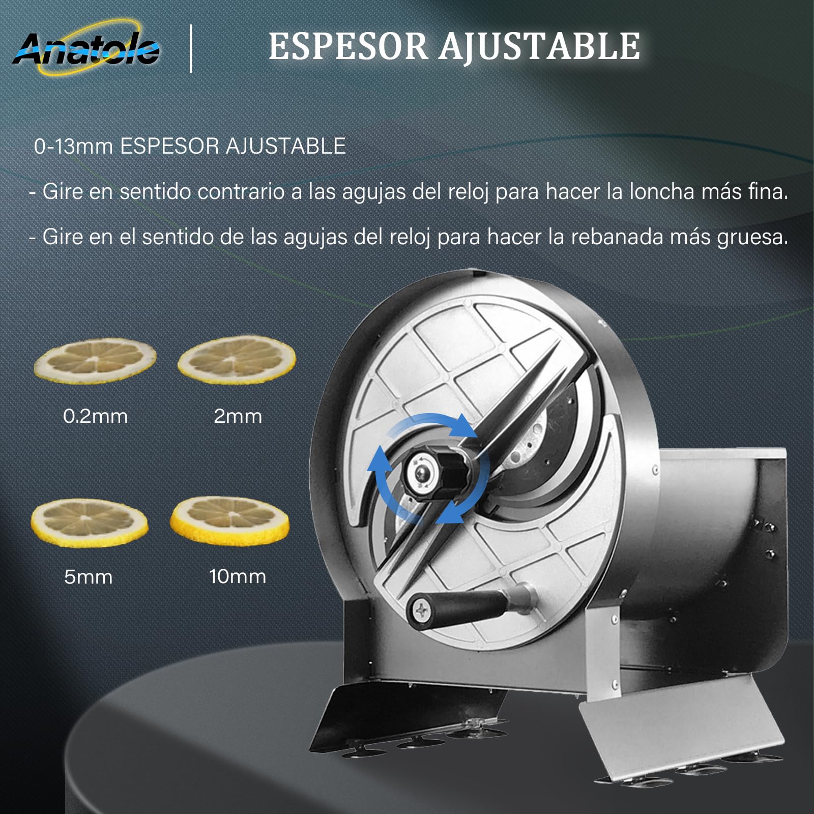 Anatole Cortador de Verduras en Rodajas de Acero Inox Profesional 0-13mm | Espesor Ajustable, 6 Ventosas, Rebanadora Manual para Patatas Cebolla Zanahoria Repollo Frutas Limón Naranja Restaurante Casa