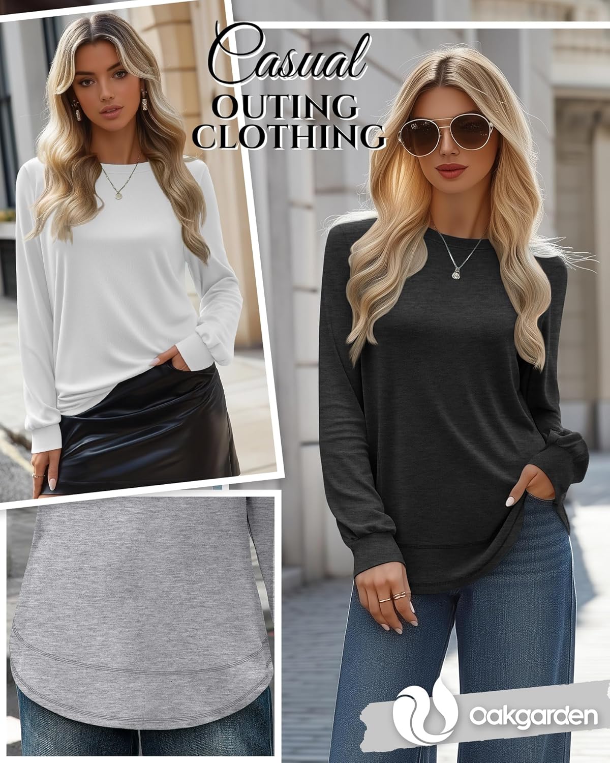 4 Pack Women's Long Sleeve Sweatshirts, Crew Neck Cotton Tees Curved Hem Tunic Pullover Shirts Knit Loose Tops - Image 4