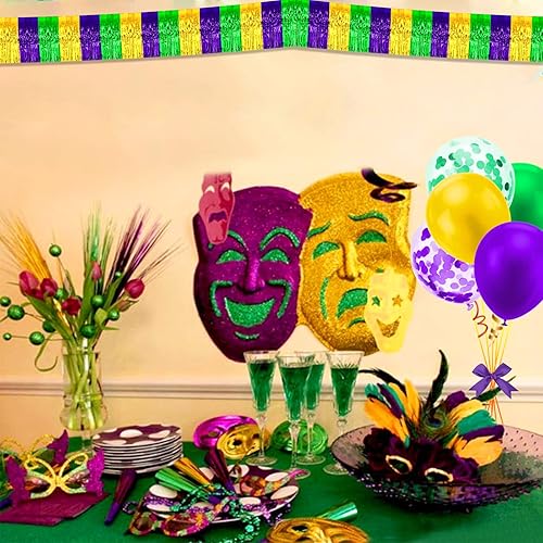 Miniatura 6 de Paquete de 10 guirnaldas de flecos de papel de aluminio de Mardi Gras de 10 pies con borlas metálicas para colgar en la pared, telón de fondo para