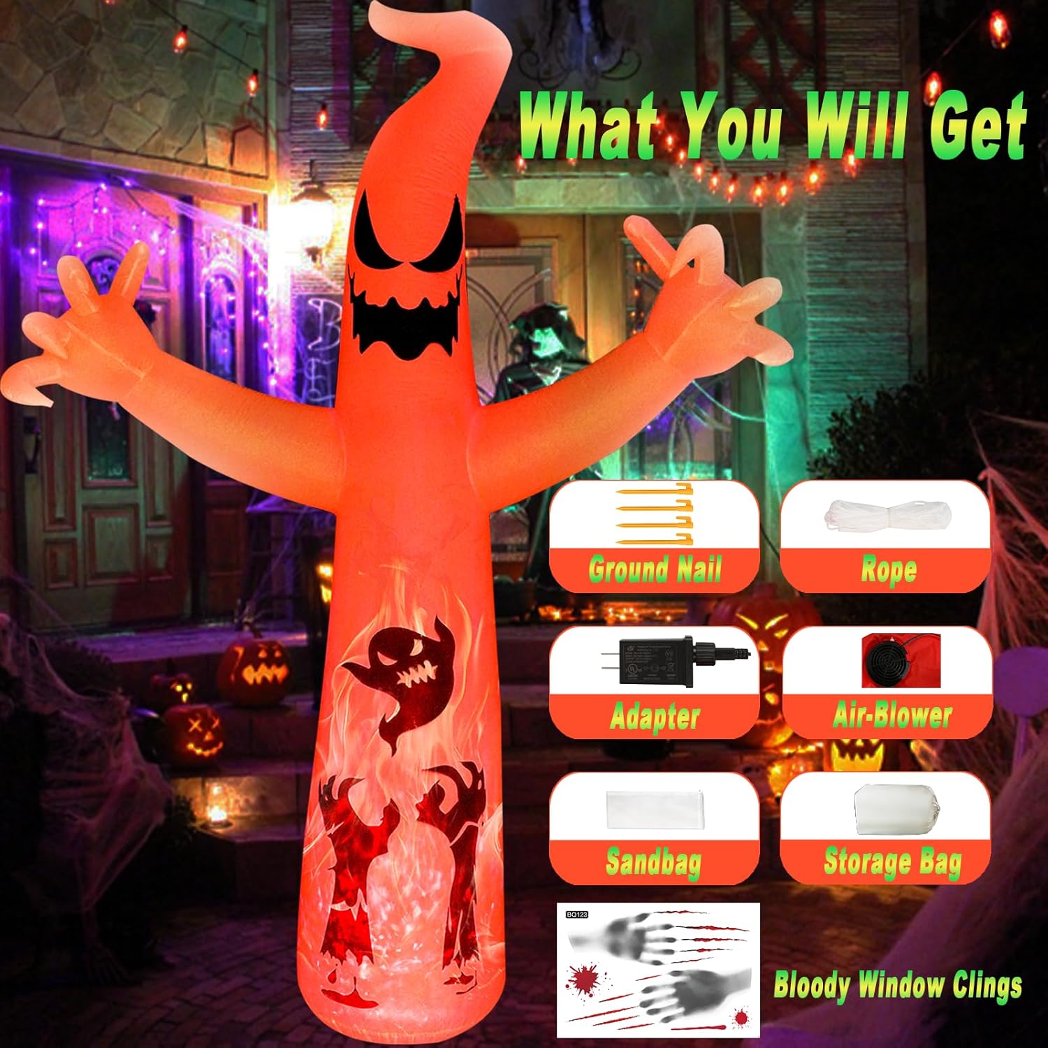 12 FT Giant Halloween Inflatables Ghost Outdoor Decorations, Blow Up Ghost with Color-Changing Flame LED Lights – Scary Halloween Decoration for Lawn Yard Decor