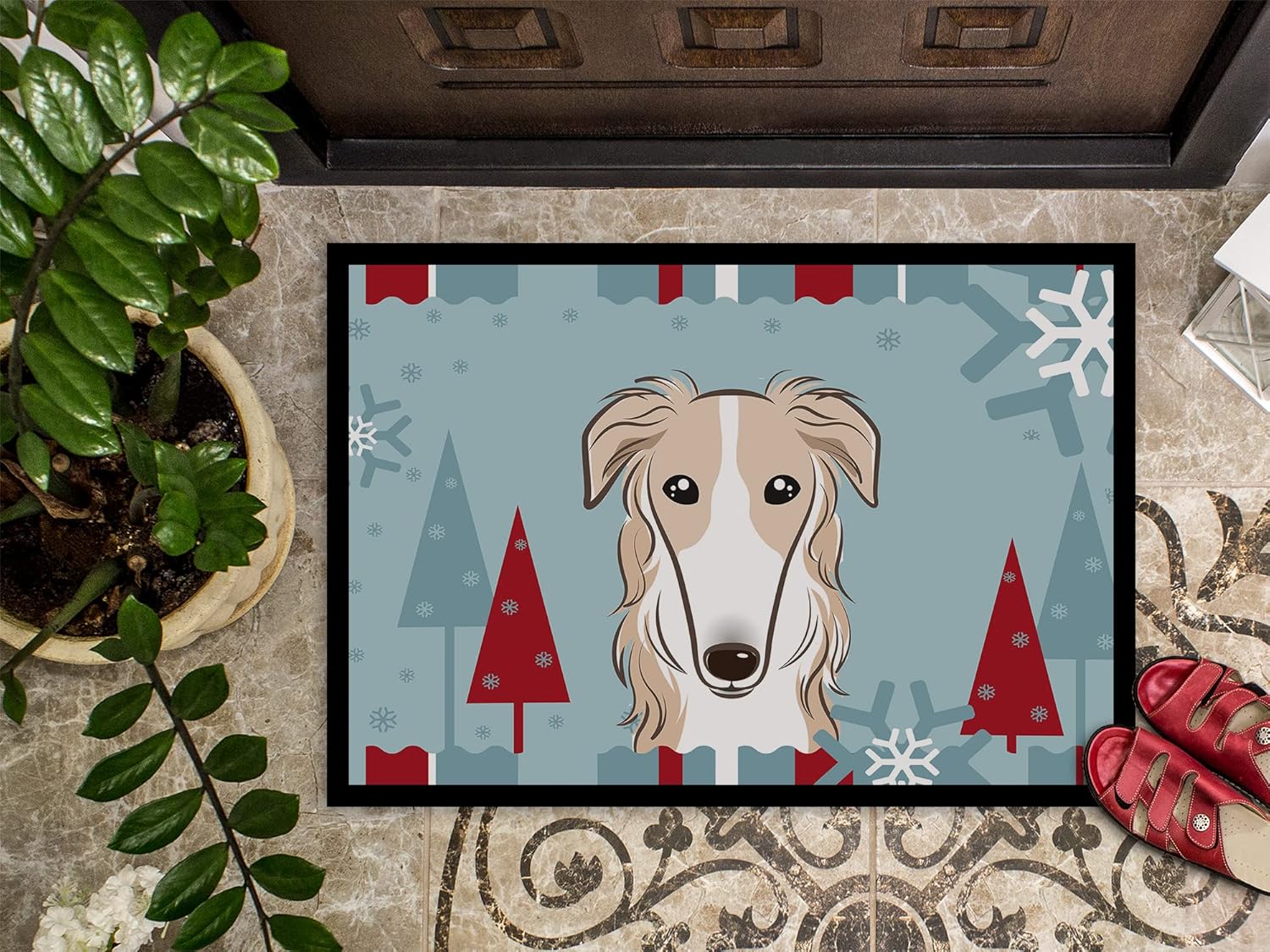 Caroline's Treasures BB1724MAT Winter Holiday Borzoi Doormat 18x27 Front Door Mat Indoor Outdoor Rugs for Entryway, Non Slip Washable Low Pile, 18H X 27W