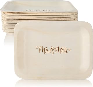 Mr. and Mrs. Disposable Wedding Plates – Rustic, Compostable Alternative to Plastic Plates for Wedding Receptions, Engagement Parties, and Rehearsal Dinners (Salad/Dessert, 50-Pack)