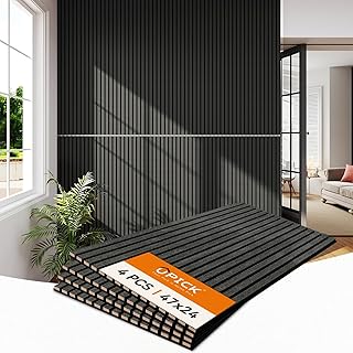 Upick MDF Acoustic Wall Panels, 4 Pack 48" x 24" 3D Slat Wood Panels for Wall, Soundproof Panels for Interior Wall Decor, Natural Black
