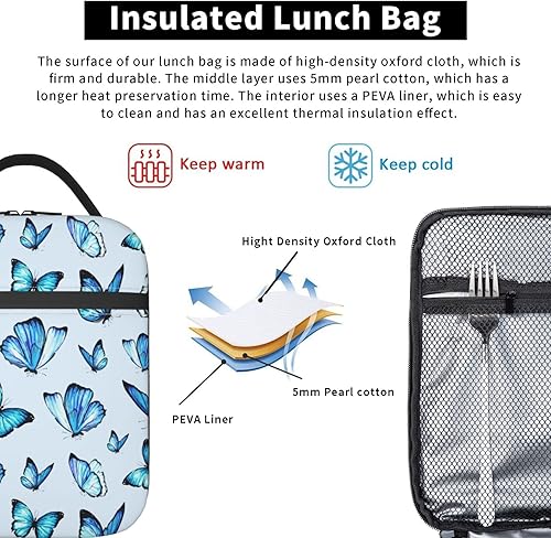 Vista 5 de Bolsa de almuerzo con aislamiento de mariposa azul reutilizable, enfriadora para adolescentes, niños y niñas, bolsa de almuerzo para mujeres