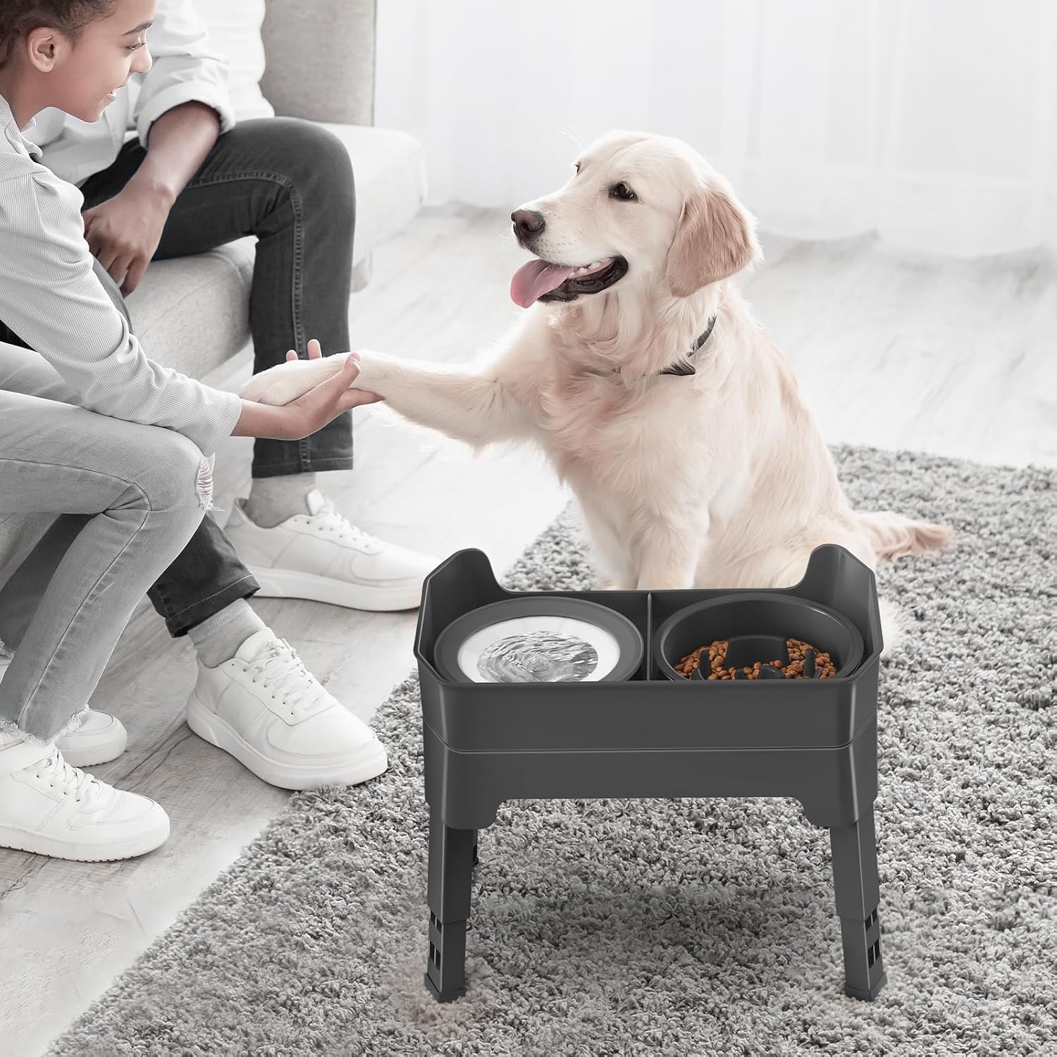 4-in-1 Elevated Slow Feeder Dog Bowls, 4 Height Adjustable Mess Proof Raised Dog Bowl Stand with No Spill Water Bowl, Stainless Steel Doggy Food Dish & Slow Feeder for Large Medium Small Pets