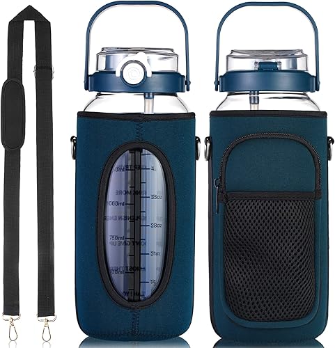 Bluego Botellas de agua de vidrio de 64 onzas botella de agua motivacional grande de medio galón con correa de pajitas marcador de tiempo botella de