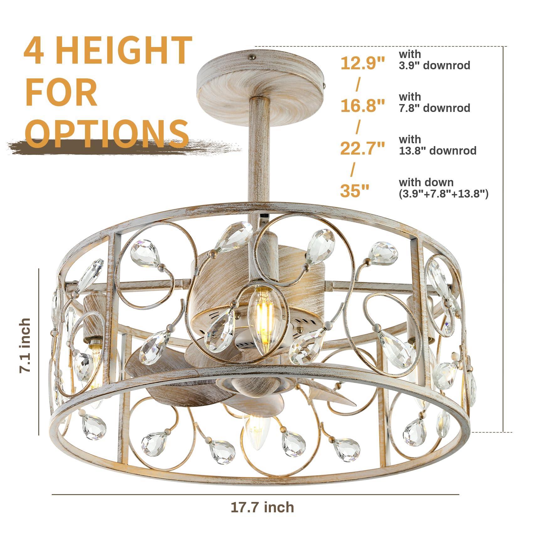 COCOSTAR Retro-white Ceiling Fans with Lights, Vintage Caged Ceiling Fan with Crystals, White Chandelier Fan with Crystals for Dining Room, 3 Downrods, 3 Speed, Timer and E12*5 Bulb Included