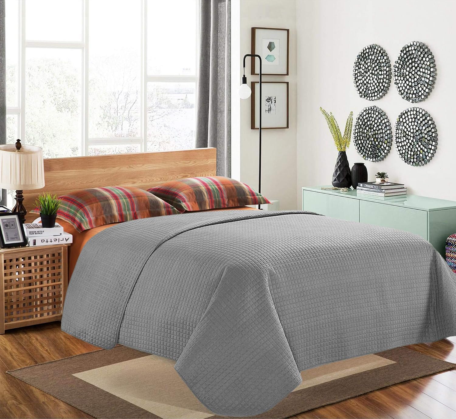ALPHA HOME Quilted Bed Quilt Bedspread Coverlet Bed Cover Light Weight Luxury Checkered Pattern - Grey, Twin