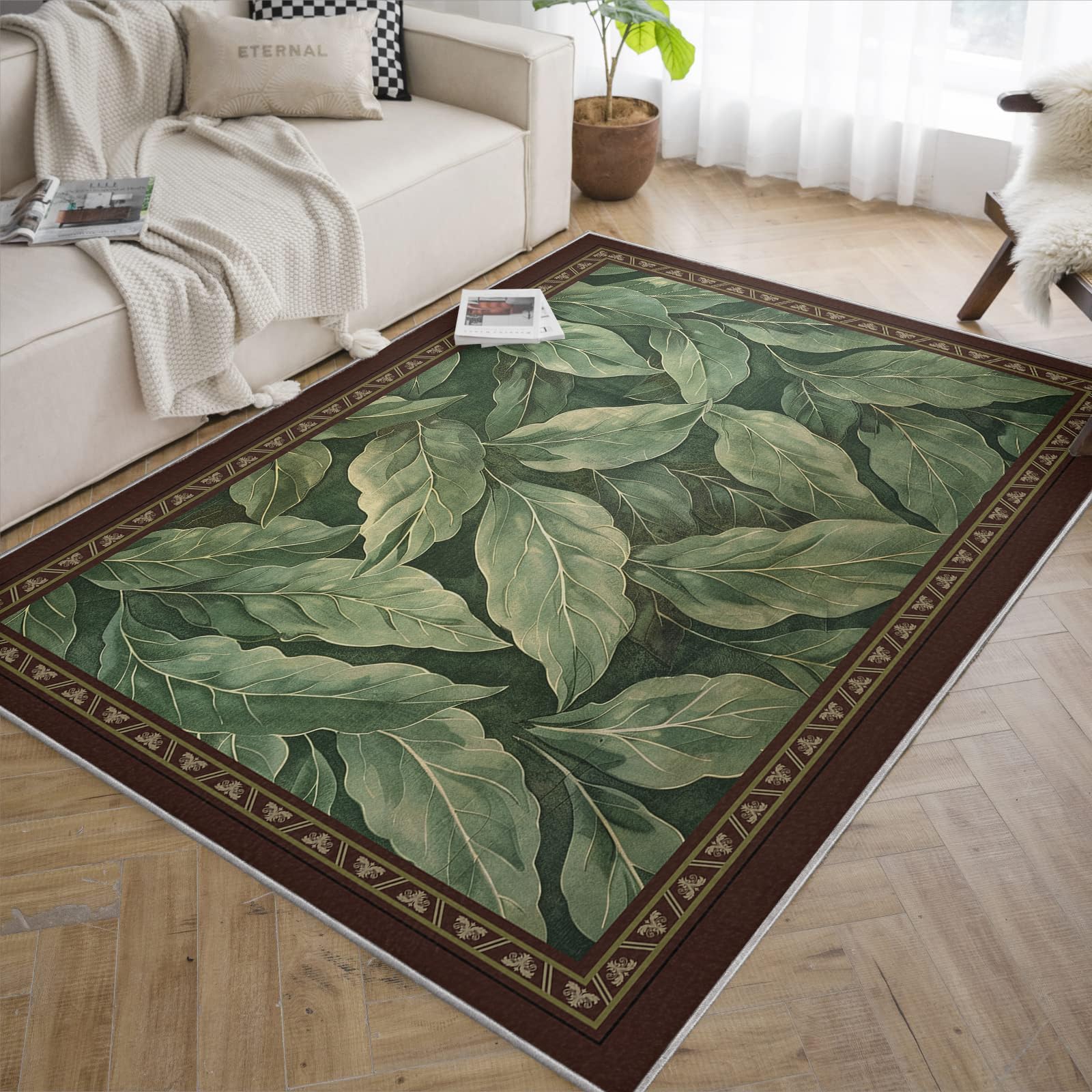 Dywaniki do wnętrz z brązowymi obramowaniami, 100 x 150 cm, zielony liść magnolii, dywan do sypialni, wiejskiego domu, vintage, styl naturalny, dekoracja podłogi, niskie runo, można prać