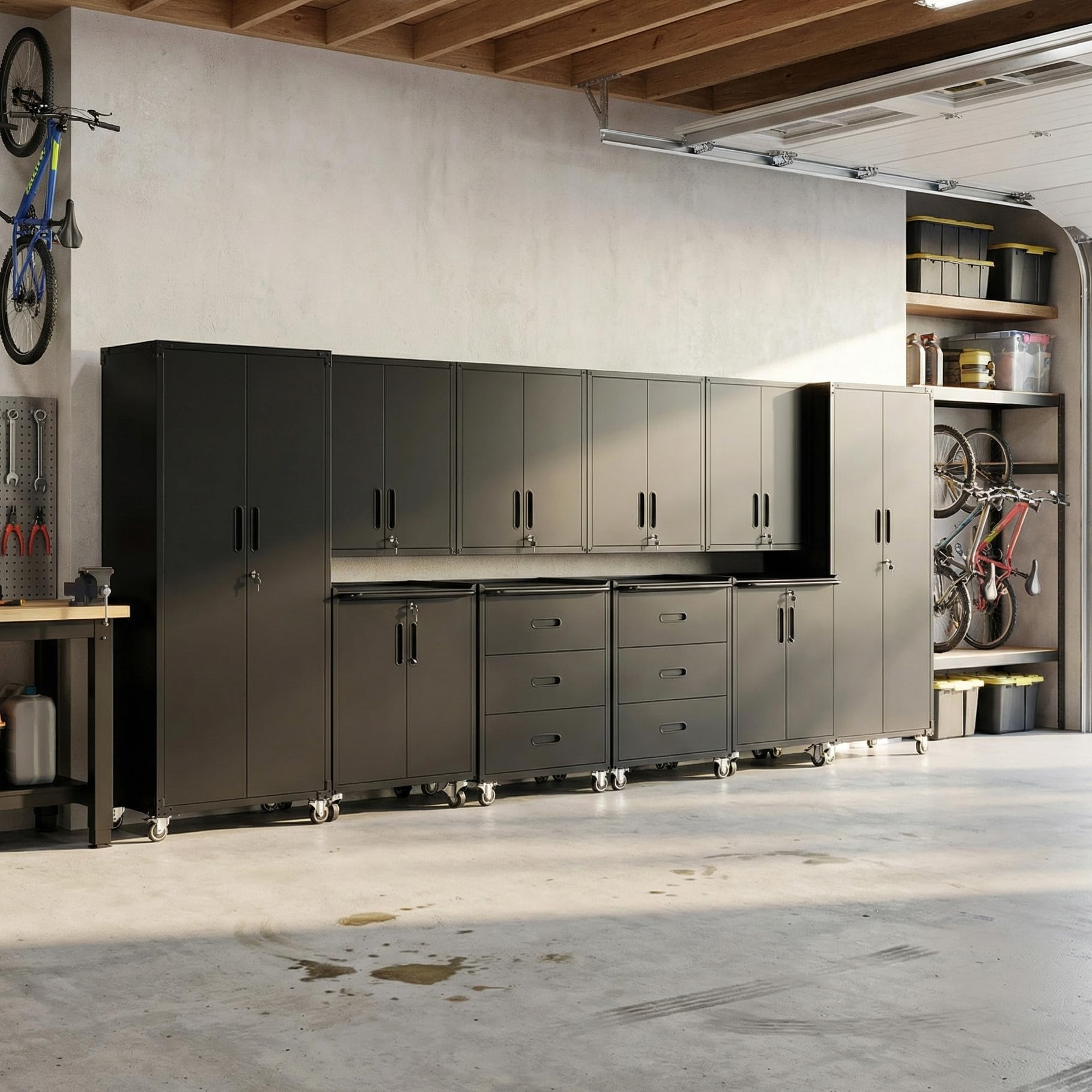 10-Piece Heavy Duty Steel Garage Cabinet System | All-in-One Modular Garage Cabinet Set for Ultimate Workshop Organization | Easy Assembly Garage Storage Cabinets &amp; Tool Bench (Black)