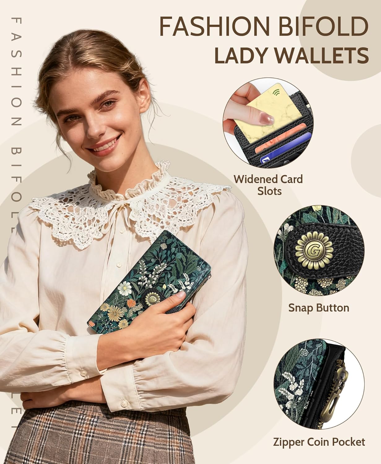 GIANCOMICS Wildflower Flower Womens Wallet RFID Blocking, Credit Card Holder Bifold, PU Leather Travel Billfold, Cute Cash Purse, Zipper Coin Pocket Clutch, 11 Card Slots, Card Slot, Ladies Gift Woman - Image 6